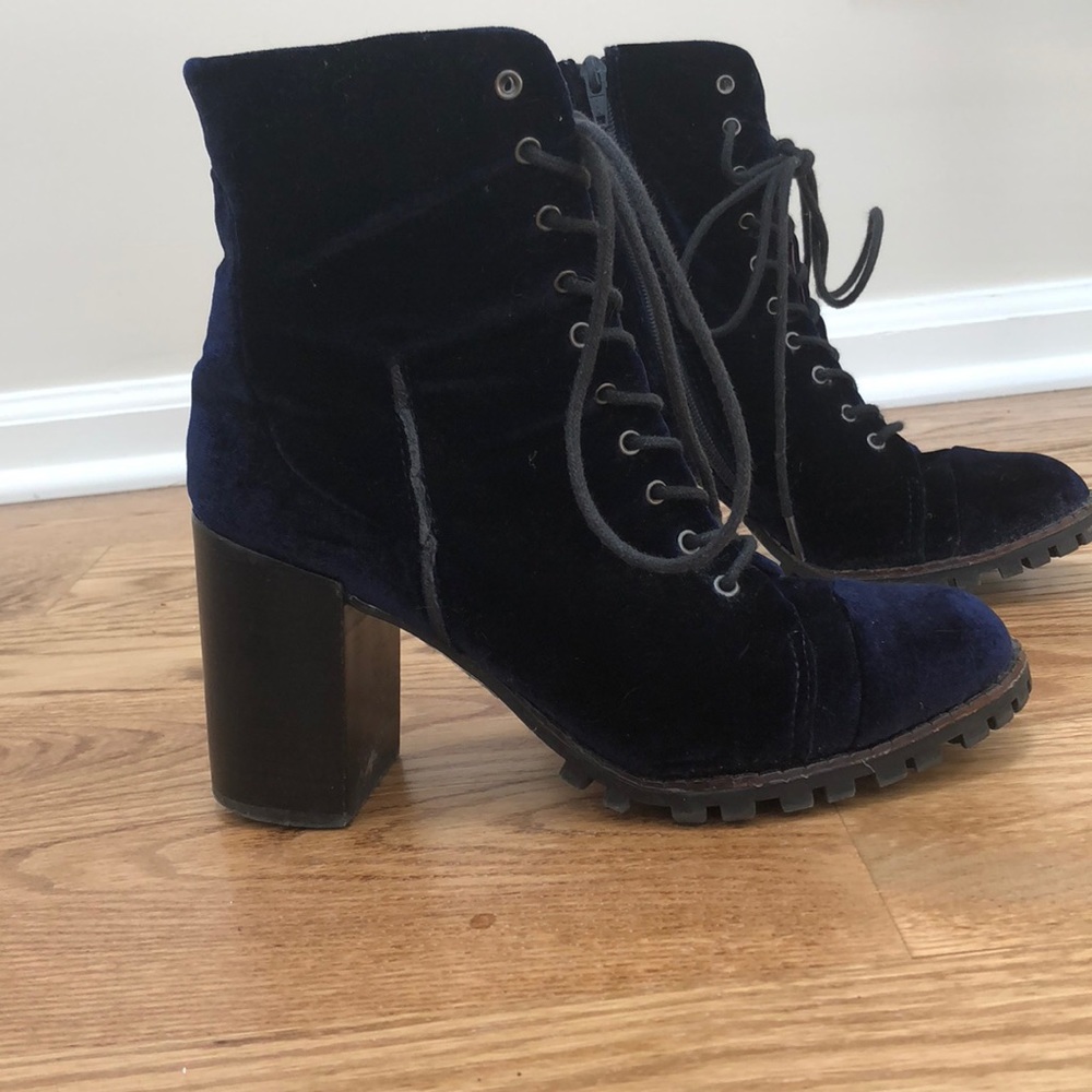 Blue Velvet Lace Up Booties